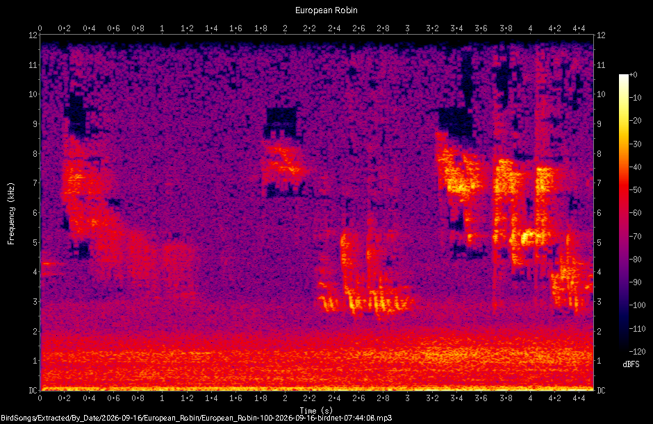 Spectrogram of a European Robin recorded at 07:44:08
