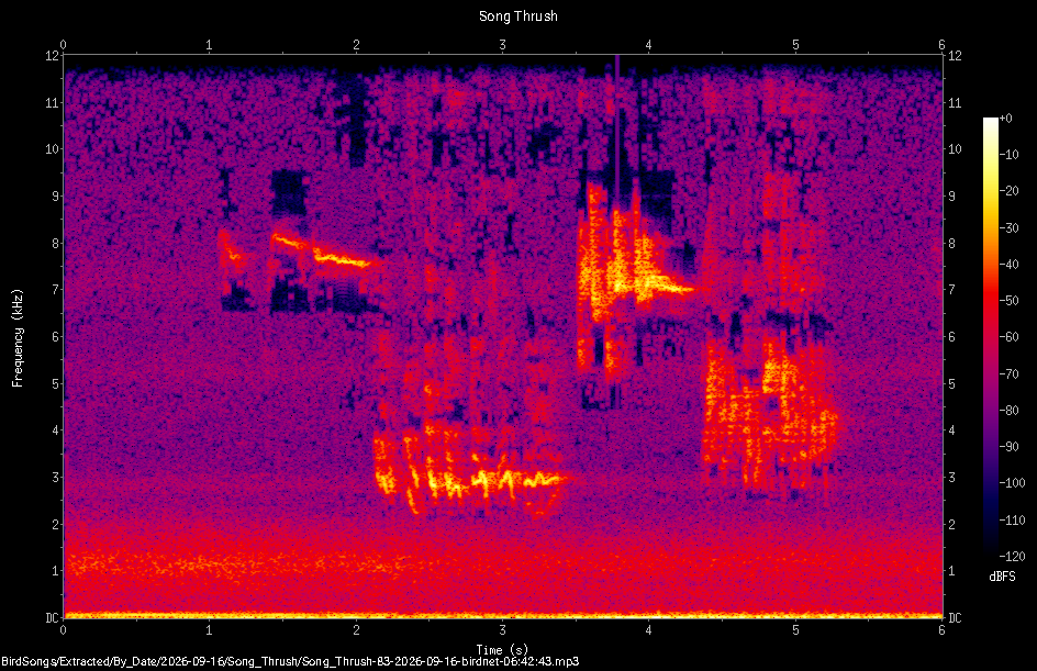 Spectrogram of a Song Thrush recorded at 06:42:43