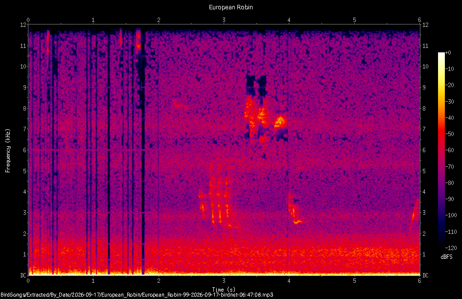 Spectrogram of a European Robin recorded at 06:47:08