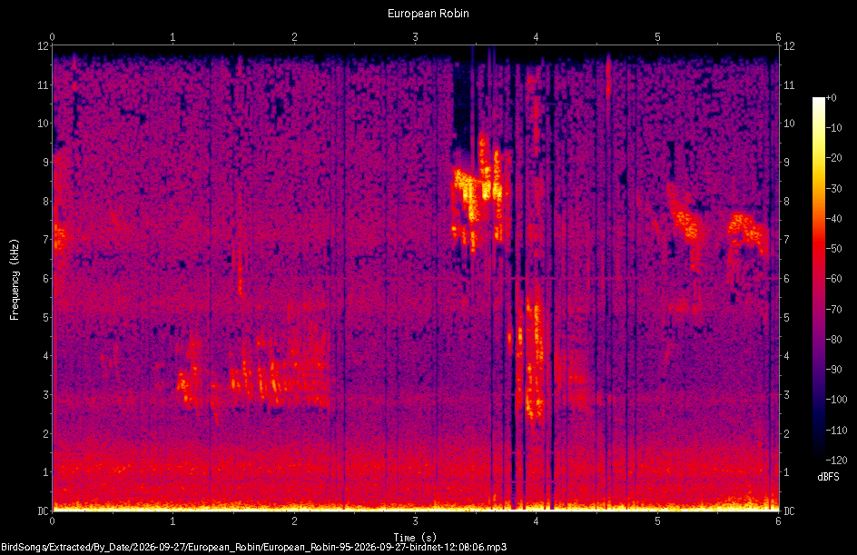 Spectrogram of a European Robin recorded at 12:08:06