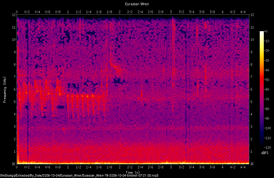 Spectrogram of a Eurasian Wren recorded at 07:21:00