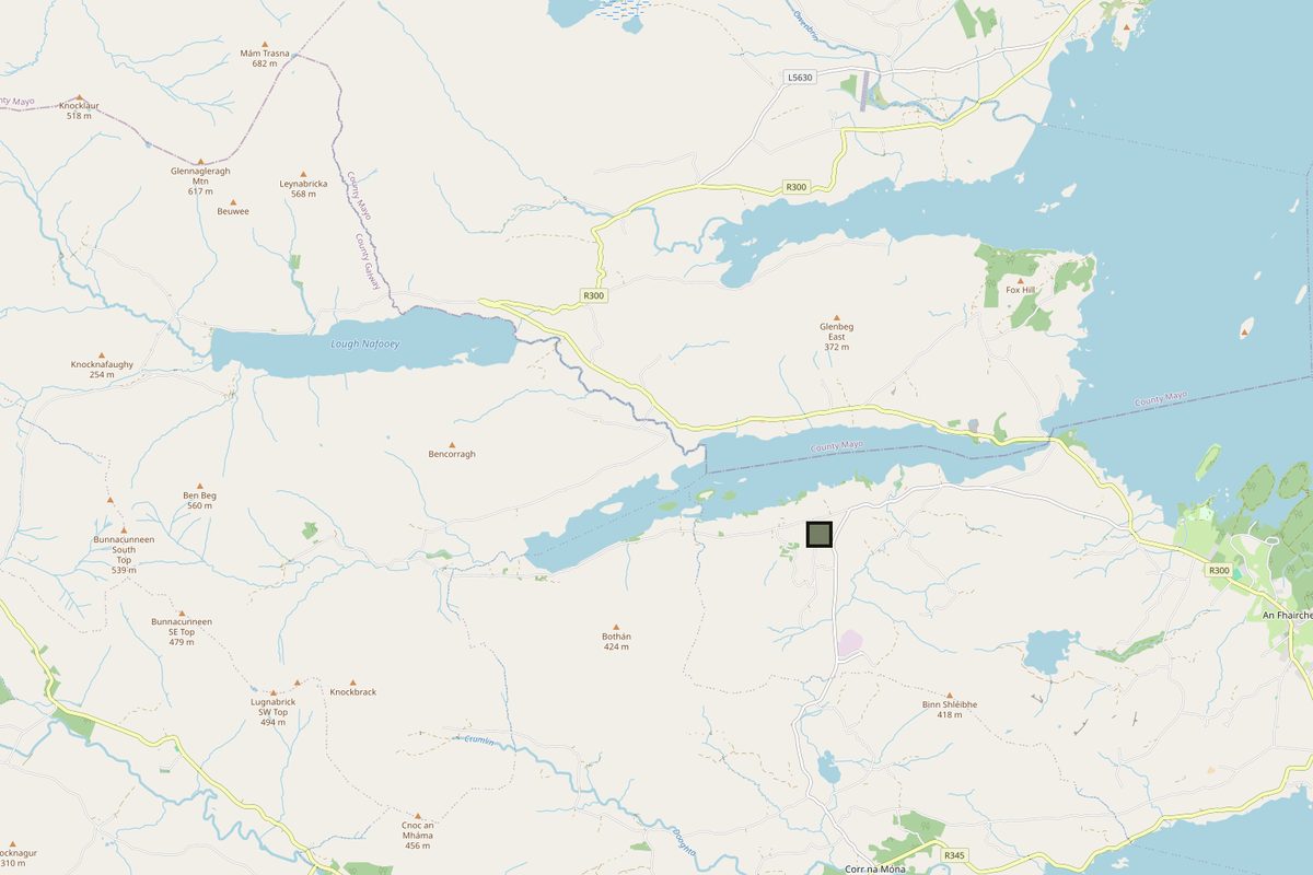Map of the hills and loughs west of Clonbur, with a square marking the garden